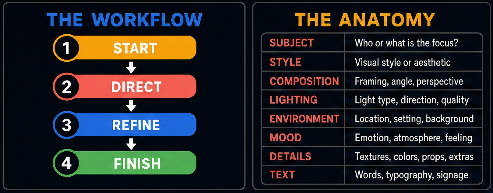 Workflow (Start, Direct, Refine, Finish) and prompt anatomy (Subject, Style, Composition, Lighting, Environment, Mood, Details, Text)