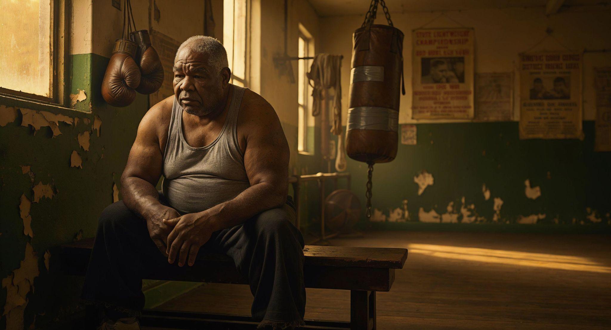Retired boxer sitting alone on a bench in an empty gym, late afternoon light through dusty windows