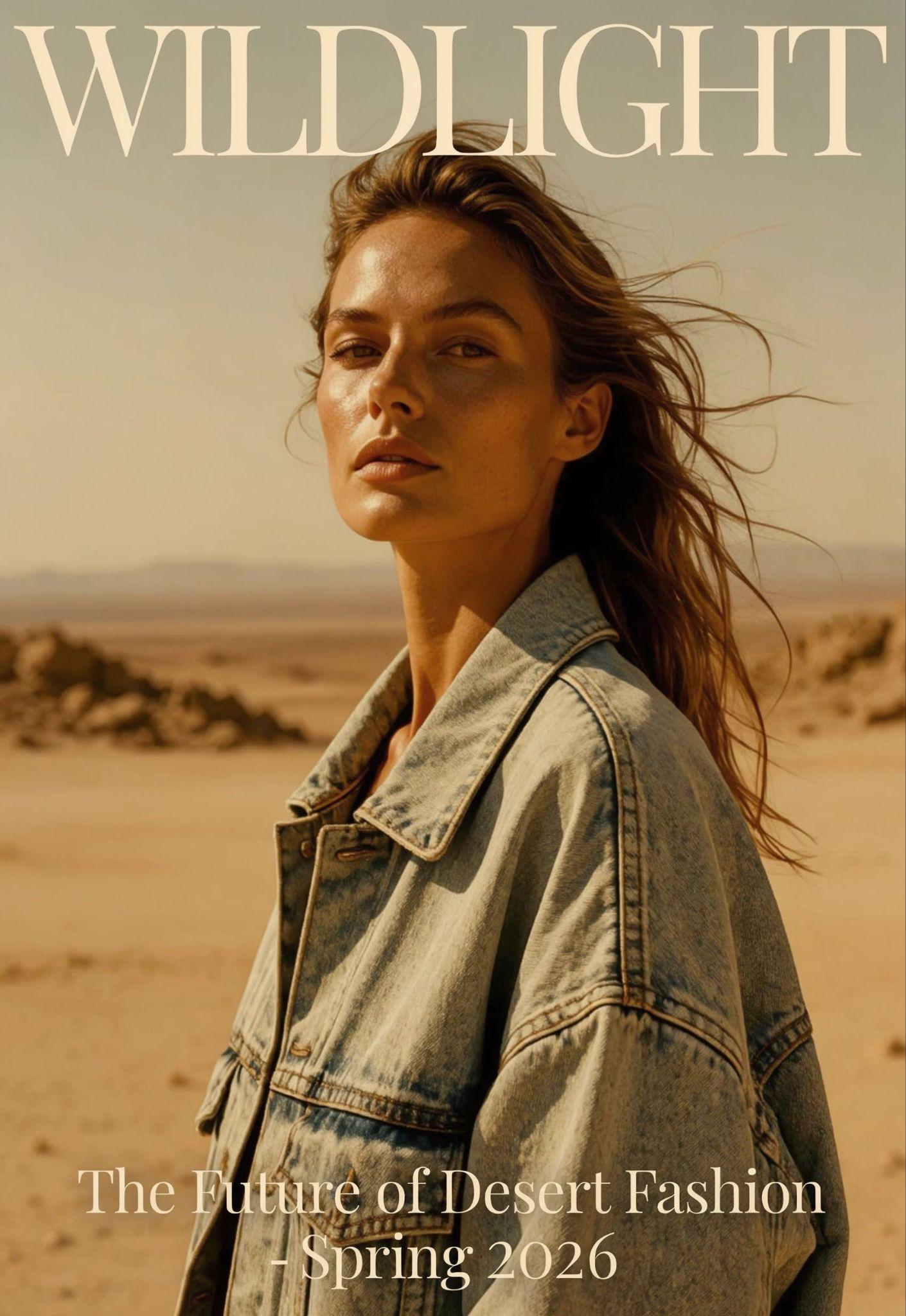 Magazine cover titled WILDLIGHT with a portrait of a woman in a denim jacket against a desert backdrop