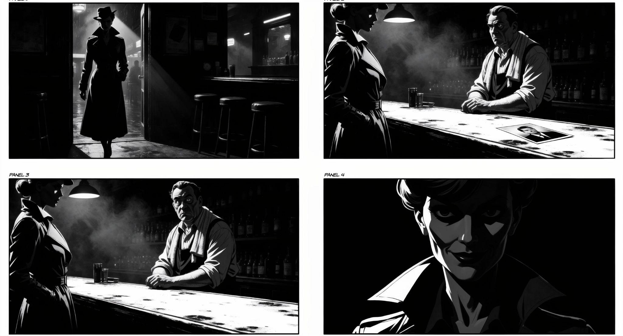 Four-panel film noir storyboard of a detective interrogating a bartender